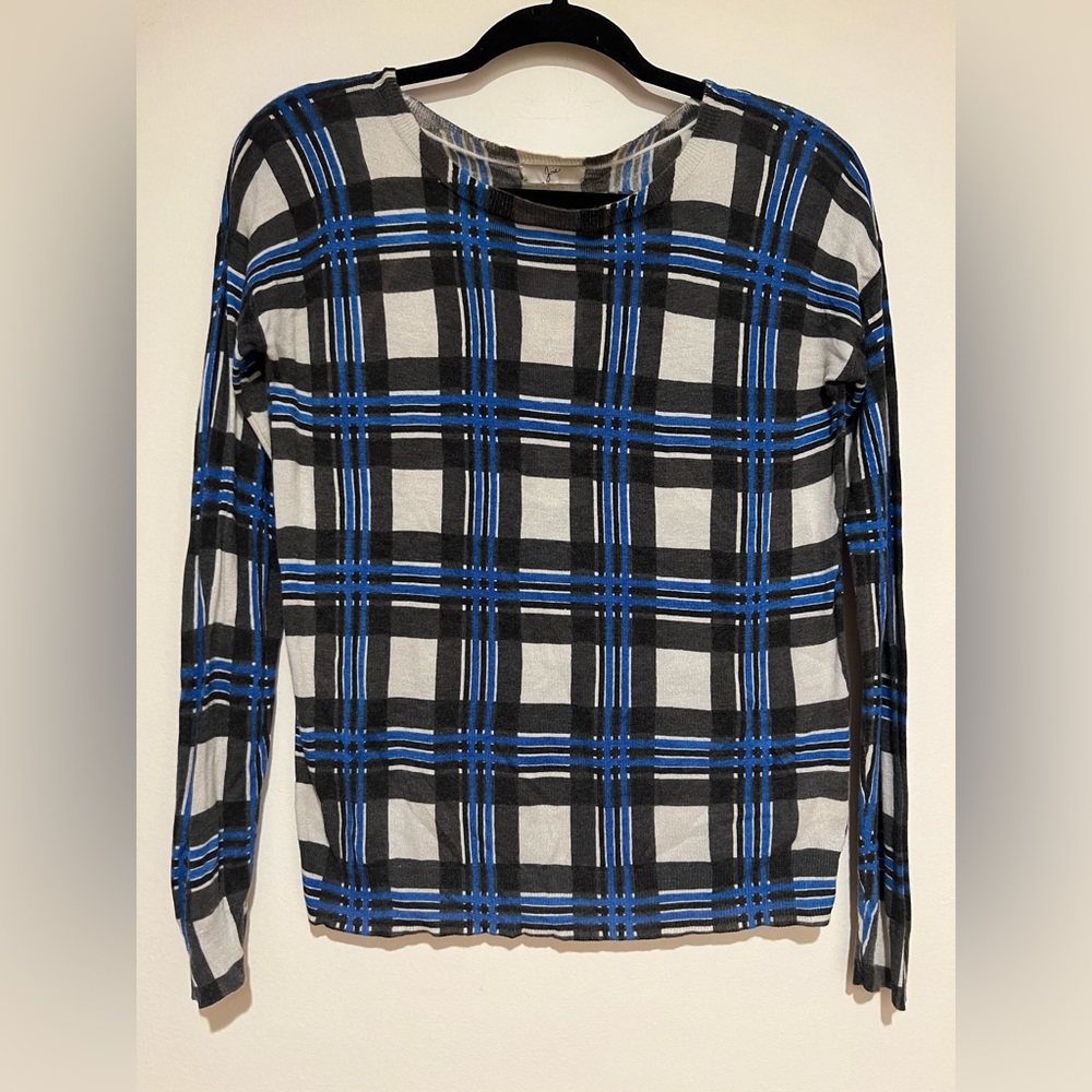 Joie blue black long sleeve lightweight checker print wide neck sweater